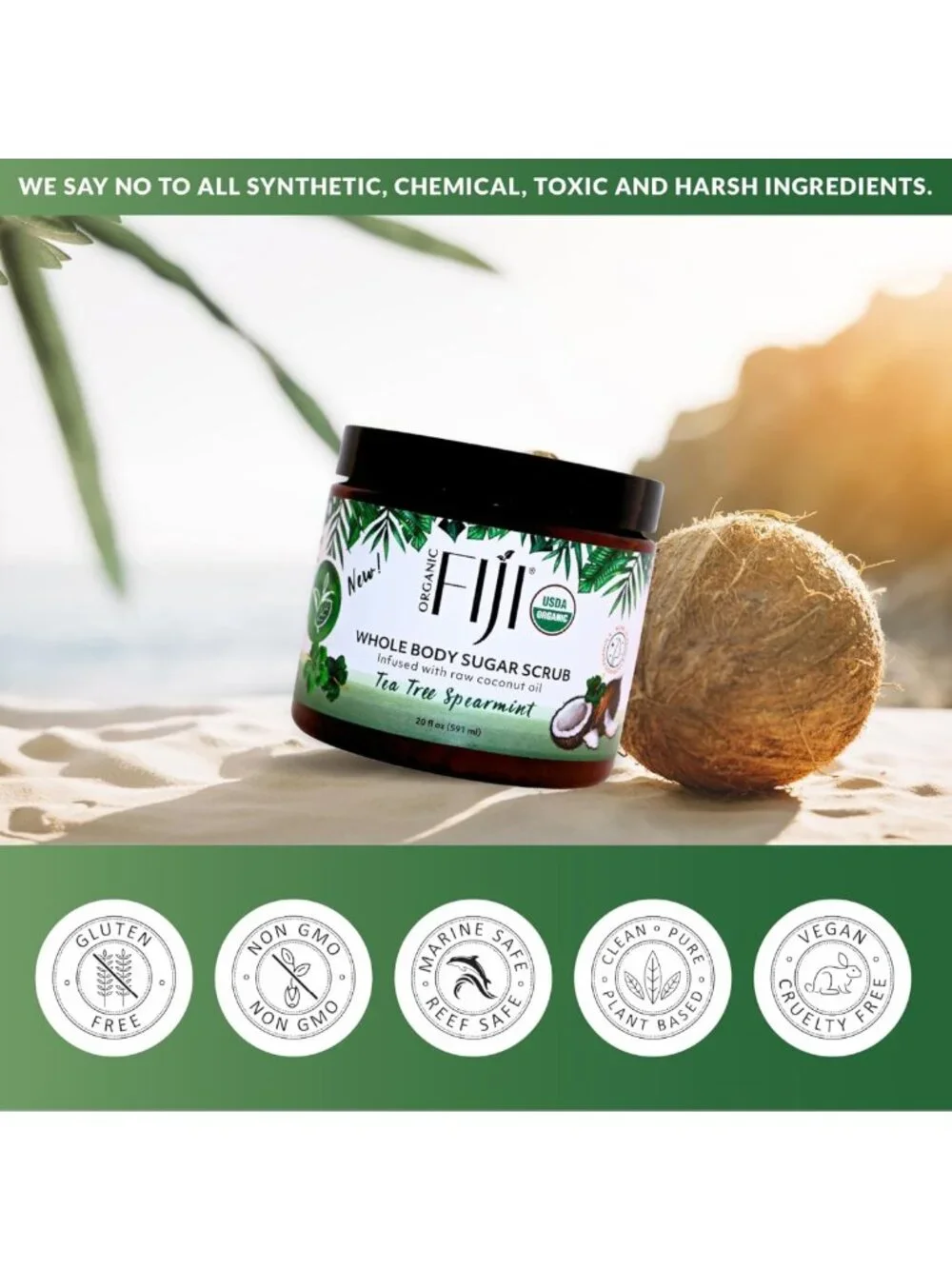Organic Coconut Oil Sugar Scrub for Face & Body - Tea Tree Spearmint, 20oz